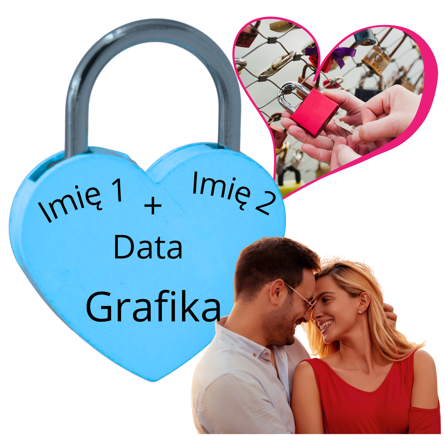 Kłódka w kształcie serca z grawerem na most + WŁASNY GRAWER