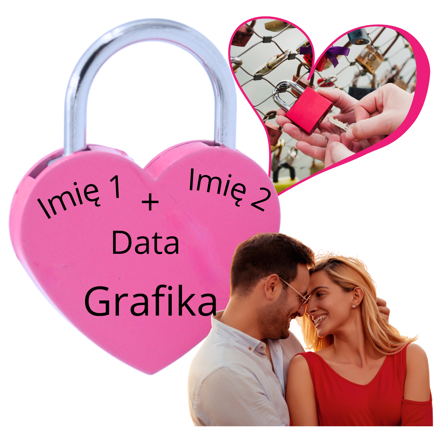 Kłódka w kształcie serca z grawerem na most + WŁASNY GRAWER